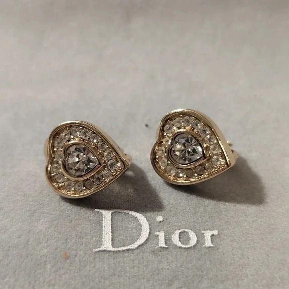 Christian Dior Gold & Crystal Heart Earrings - Picture 1 of 10
